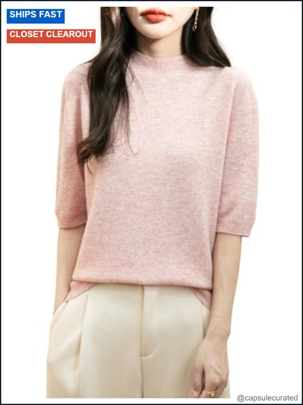 100% Merino Wool Seamless Knit Short Sleeve Mock Neck Sweater